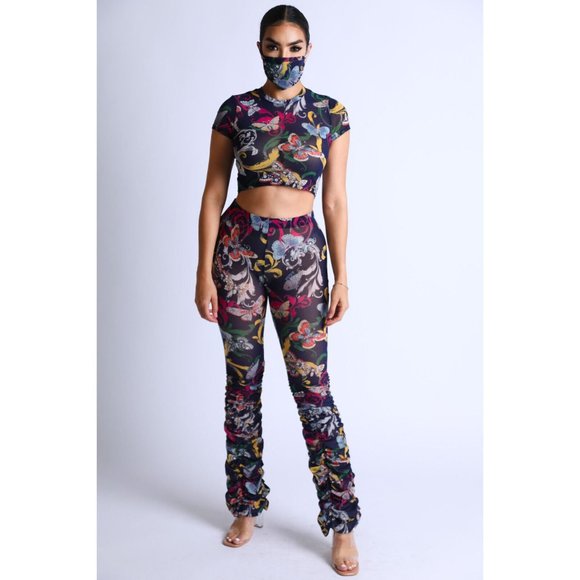 Boutique Pants - Women's Casual Short Sleeve Crew Neck Top & Matching Pants 2 Piece Set With Mask